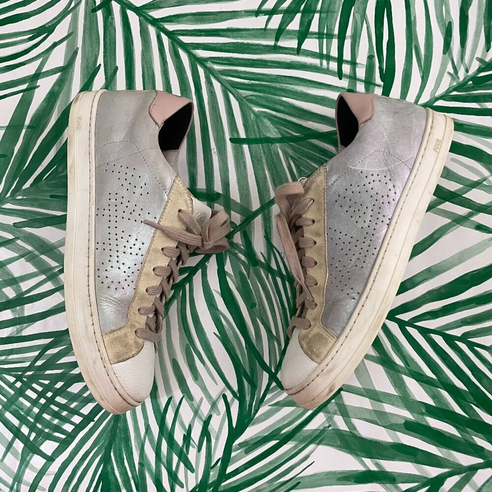 P448 John Iridescent Silver White Pink Leather Sneakers Women's Size 38 (US 8)